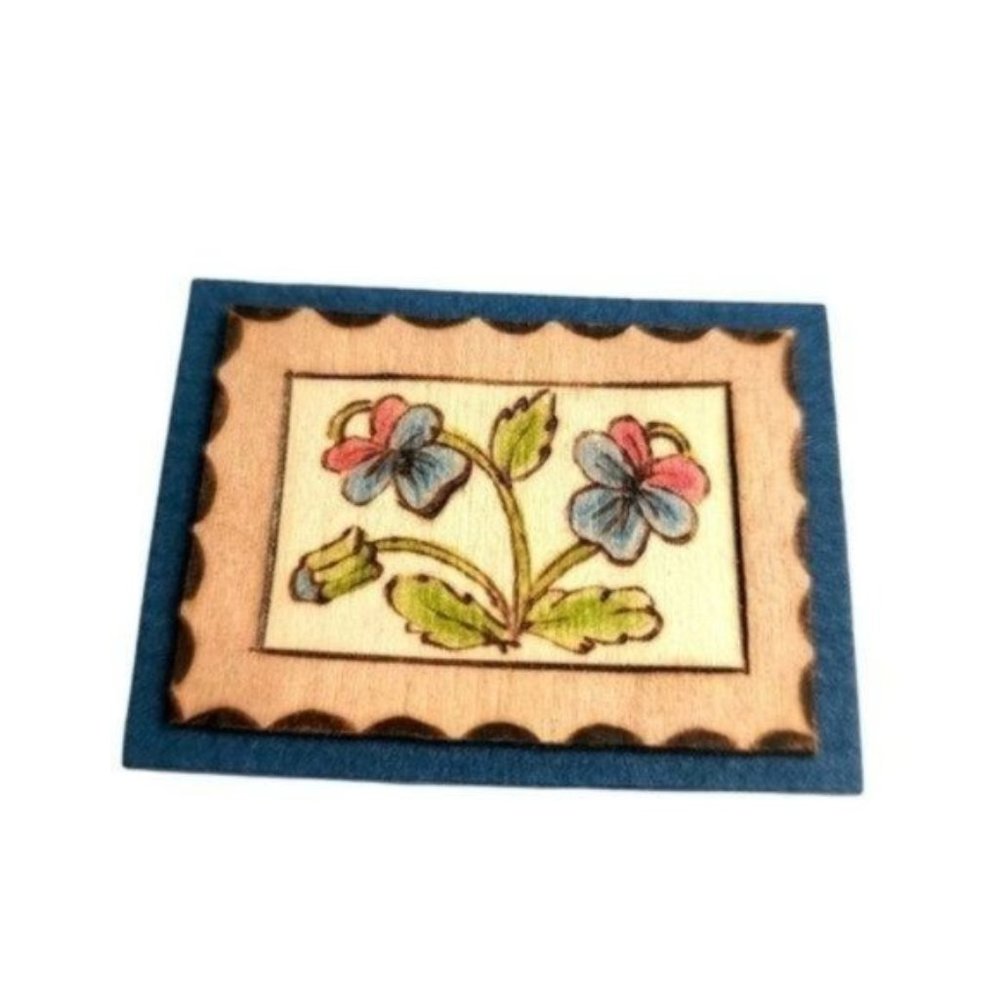 Vintage Wooden Pin Brooch Hand Painted With Violet Flowers Wood marked Pat Brown